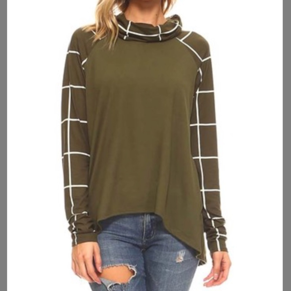 SALE: Olive plaid-accent cowl neck tunic